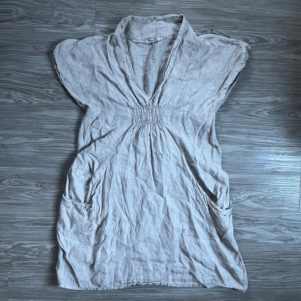 Meo Meli Italy 100% Linen Tunic Dress Taupe V-Neck Pocketed Empire Waist 379-NV